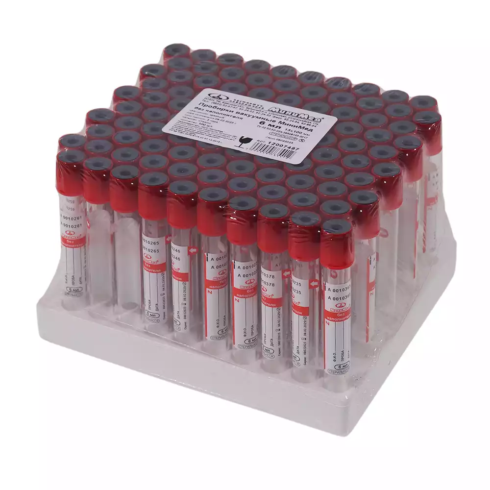 Пробирка вакуумная стекло, объем 6 мл, размер 13*100мм, для исследования сыворотки (без наполнителя) цвет крышки красный