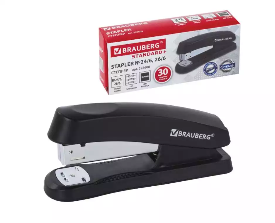 Степлер №24/6, 26/6 BRAUBERG "Standard+", до 30 листов, черный