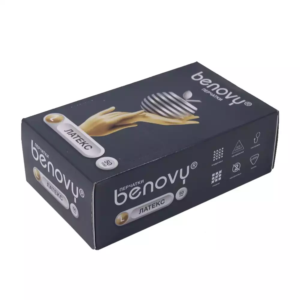 Перчатки BENOVY, размер L, латексные, опудренные, гладкие, нестерильные, манжета с валиком, упаковка 50 пар